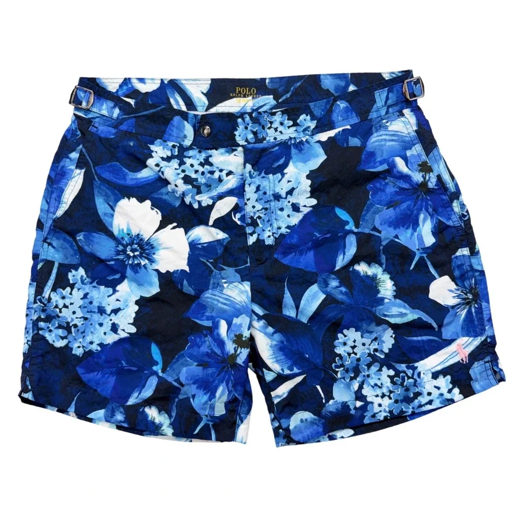 Polo Ralph Lauren Swim Trunks Sz 32 Blue Floral Hibiscus Board Shorts Buckle